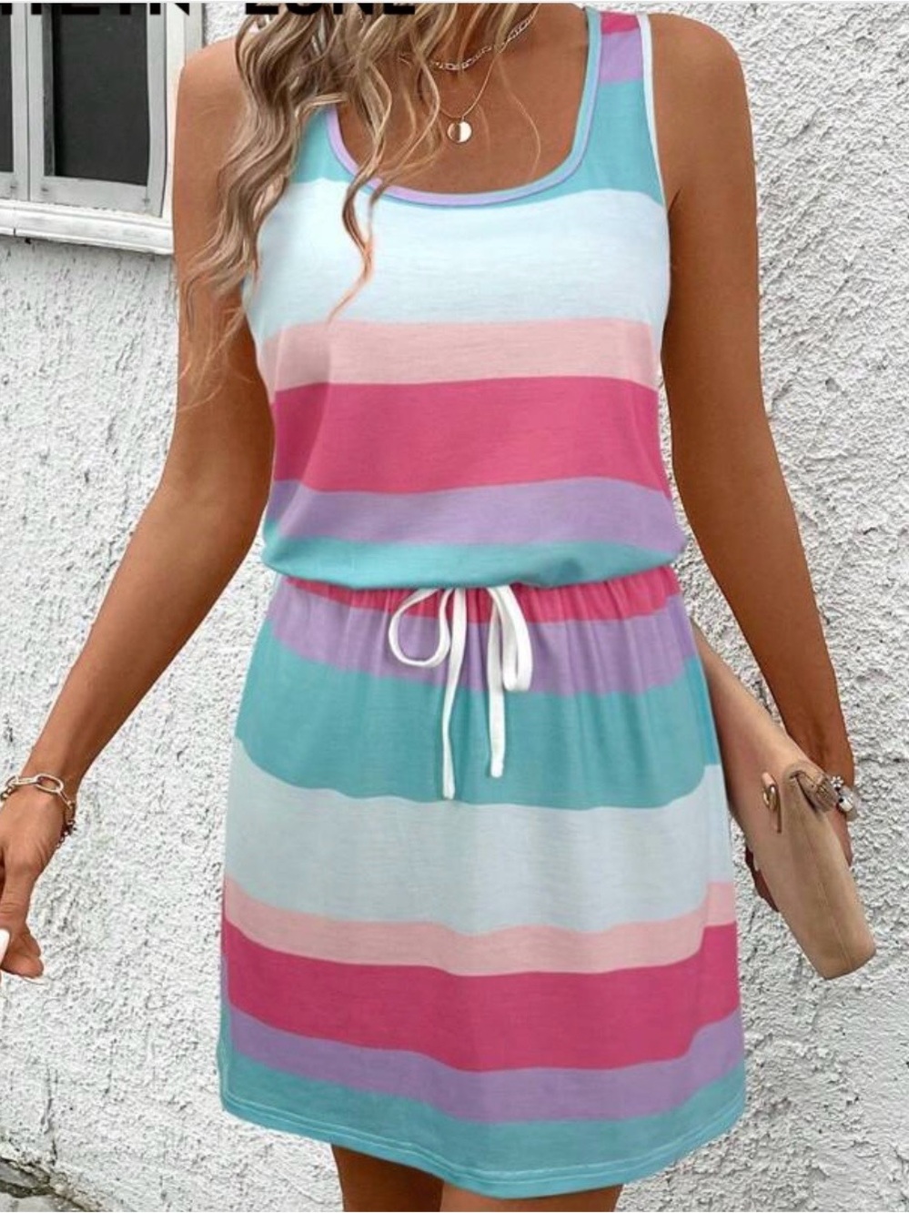 Sleeveless Striped Tank Dress - Pastel Pink & Aqua